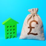 British pound sterling money bag and green Investments in sustainable housing. Investment in green technologies. Reduced emissions and improved energy efficiency. Reducing impact on environment.