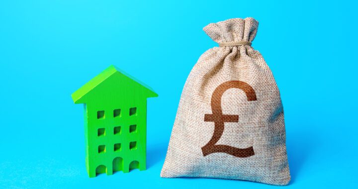 British pound sterling money bag and green Investments in sustainable housing. Investment in green technologies. Reduced emissions and improved energy efficiency. Reducing impact on environment.